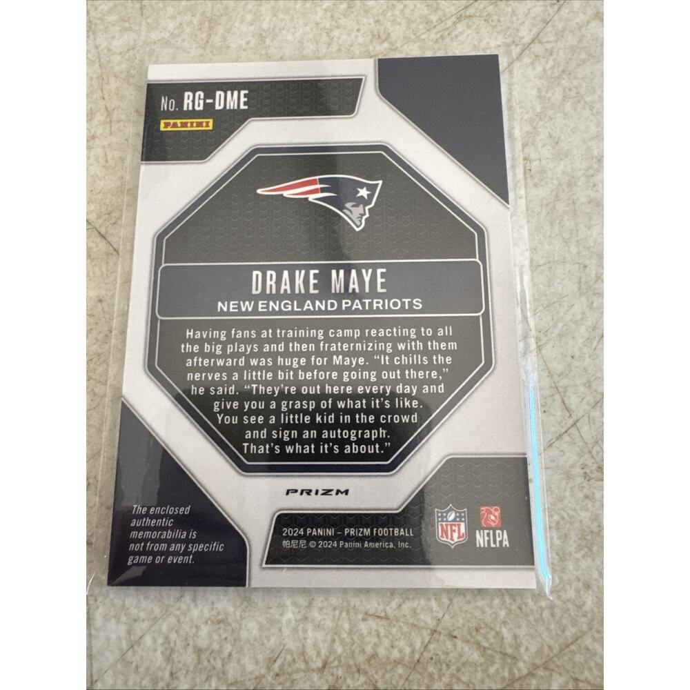 2024 Panini Prizm #RG-DME Drake Maye Rookie Gear Neon Green Pulsar - Picture 8 of 8